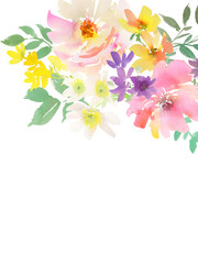 Hand painted abstract watercolor floral bouquet transparent background for wedding invitation, banner, SNS and post card. PNG file. Spring peonies and wild flowers card template.