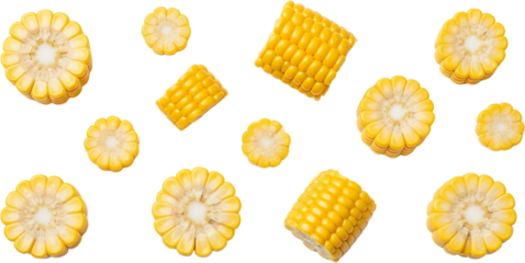 Slices And Sections Of Fresh Yellow Corn Kernels Arranged Abstractly On A Transparent Background Isolate Maize