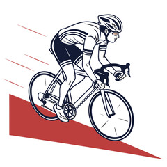 Fototapeta premium Dynamic illustration of a professional cyclist in full racing gear speeding downhill on a road bike with motion lines and a red incline