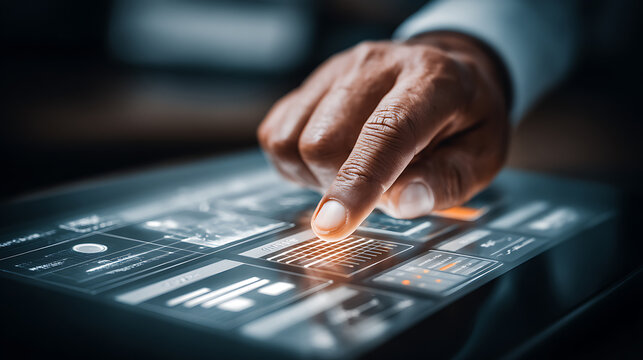 Hand interacting with a futuristic touchscreen interface displaying data visualizations and digital controls