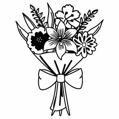 Elegant black and white line art illustration of a beautiful floral bouquet tied with a decorative bow perfect for design elements