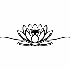 Elegant black and white line art illustration of a blooming lotus flower with delicate swirling lines on a white background