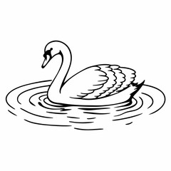 Elegant black and white line art illustration of a graceful swan swimming serenely on rippling water surface creating gentle waves