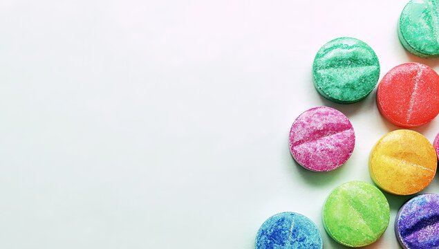 Colorful round pills clustered at the right edge of a white background