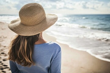 Senior woman in straw hat relaxing on beach, viewed from behind - Back view of