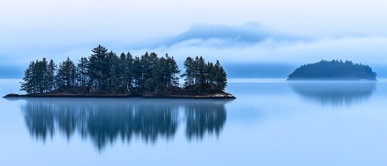 Misty lake islands with mirrored reflections