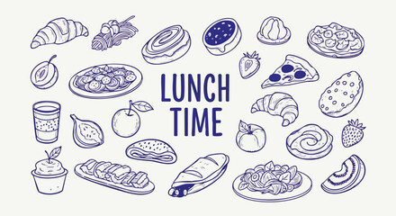 Delicious lunch time doodles of croissants, pizza, pasta, fruit, and sweets for a delightful and fun design, perfect for restaurant menus and food blogs