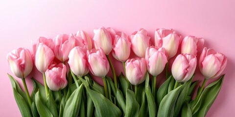 Obraz premium Stunning pink tulip blooms in spring against soft backdrop with room Beuatiful flowers on background