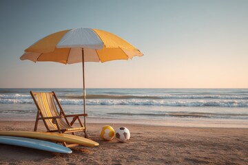 Family-friendly beach setup with umbrella, chair, surfboards, and balls on golden sand near the ocean, captured in warm light, ideal for vacation marketing and outdoor leisure content