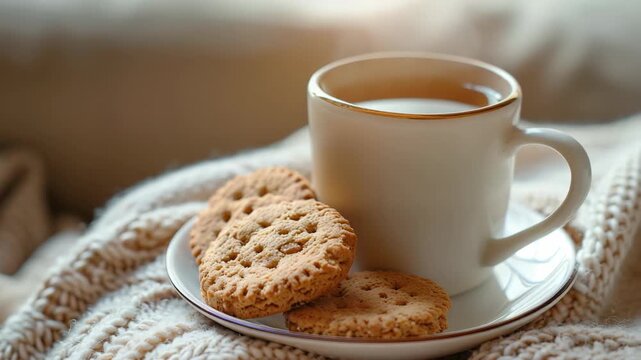 Warm cup of tea with cookies on saucer, placed knitted blanket