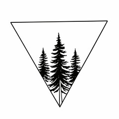 Minimalist black silhouette of evergreen pine trees within an outline triangle frame on a white background