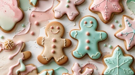Colorful decorated gingerbread cookies on pastel background  