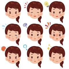 色々な感情を持つ女性のイラストセット　顔のみ／An illustration of a woman's face with multiple expressions