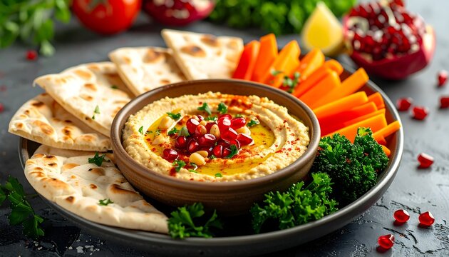 Creamy hummus with pita bread, carrots, and pomegranate