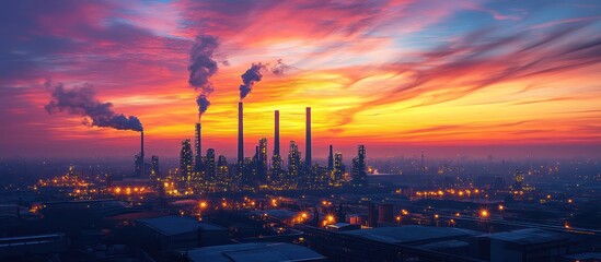 Fototapeta premium Industrial cityscape at sunset with smoke stacks.