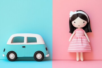 Toys for children: car and doll on pink-blue background, breaking gender stereotypes stereotypical children