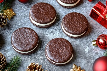 Traditional German 'Lebkuchen' with white and chocolate glazing, set among festive Christmas round gingerbread called