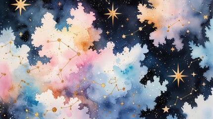 Colorful watercolor galaxy illustration with stars and constellations  