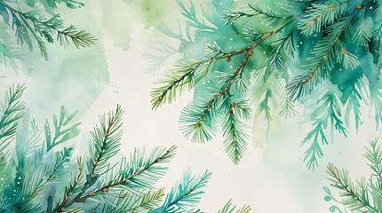 Watercolor illustration of green pine branches on soft background  