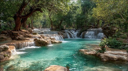 Naklejka premium A tranquil cascade of turquoise water tumbles over tiered rocks, nestled within a lush green forest.