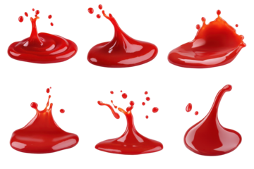 Collection of red liquid splashes isolated on transparent background. Set of splashes of delicious tomato ketchup isolated on white background.
