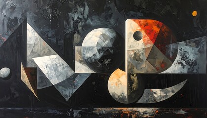 Abstract geometric shapes in dark tones, creating a cosmic scene