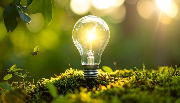 Illuminated bulb in lush green setting
