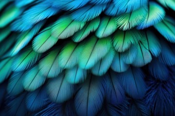 Obraz premium Vibrant Close-Up of Exotic Parrot's Colorful Blue and Green Feathers in Detail Close up