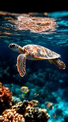 Sea turtle glides through vibrant coral reef  Shallow water reveals intricate coral formations  Small fish dart around  Turtle's shell displays varied hues