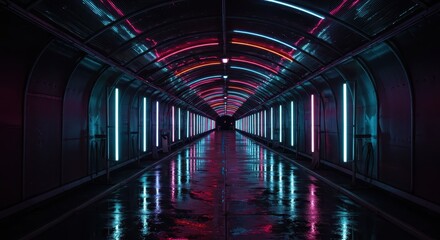 A long, dark tunnel glows with vibrant neon lights, reflecting on a wet pavement.