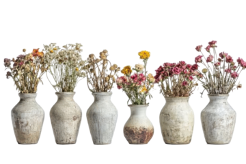 Collection of vintage vases with delicate wildflowers isolated on transparent background. Set of vases with wilted flowers isolated on white background.