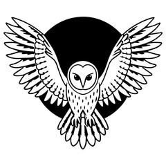 Stylized barn owl with wings spread wide in front of a black circle graphic design illustration