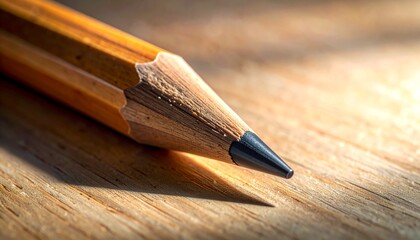 Close-up graphite pencil tip with sharp detail, wood grain, and dramatic lighting.