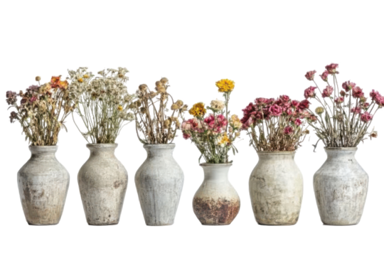 Collection of vintage vases with delicate wildflowers isolated on transparent background. Set of vases with wilted flowers isolated on white background.