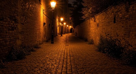 A quiet, cobblestone alleyway bathed in warm, golden light from vintage street lamps, creating a serene and peaceful nighttime scene.