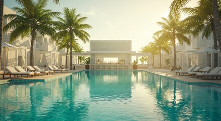 Tropical resort pool with palm trees and bar