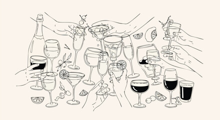 Obraz premium Cheers to celebration! Diverse hands clink glasses filled with wine, champagne, and cocktails, creating a vibrant toast for parties and events.