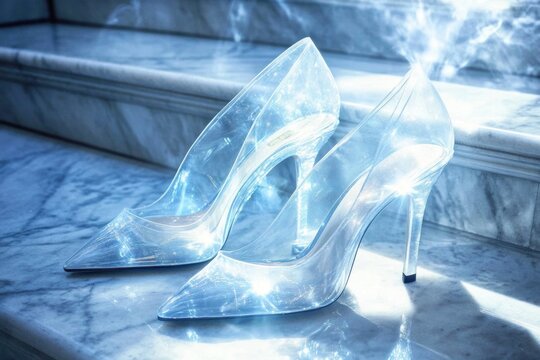Woman's Feet in Glass High Heels Climbing Stairs Close-Up Shot Close up