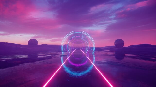 Neon tunnel and spheres in purple pink sky over reflective water light glowing