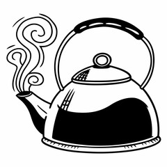Stylized black and white illustration of a classic stovetop kettle with steam rising from the spout perfect for kitchen and beverage themes