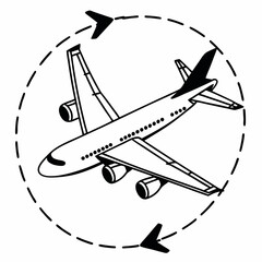 Stylized black and white illustration of a commercial airplane in flight on a circular dashed flight path with directional arrows indicating movement and travel