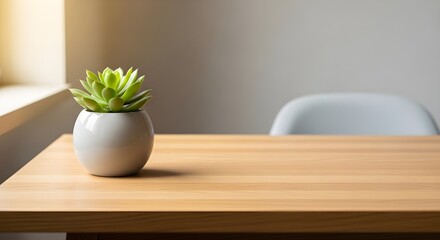 Fototapeta premium A small succulent plant in a white ceramic pot sits on a wooden table, with soft natural light and a blurred background, creating a minimalist aesthetic.