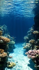 A vibrant coral reef, teeming with fish, creates a picturesque underwater scene  Sunlight filters through the water, illuminating the sandy bottom and colorful coral formations