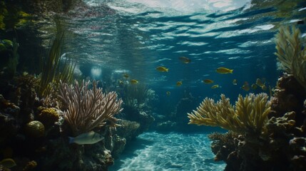 Underwater coral reef teeming with vibrant fish Sunlight streams through the water, illuminating the diverse coral formations