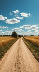 Naklejka premium A sun-drenched country lane meanders through golden fields under a vast expanse of fluffy white clouds against a vibrant blue sky.