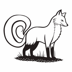 Stylized black and white illustration of a fox standing alertly in grass with a large curled tail and pointed ears
