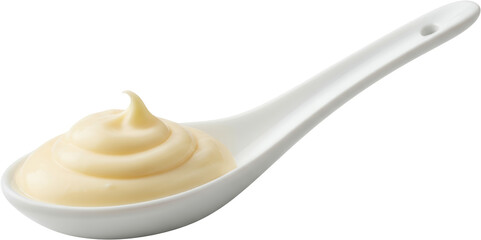 Creamy mayonnaise swirl elegantly presented on a white ceramic spoon isolate sauce food ingredient cooking