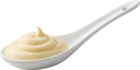 Creamy mayonnaise swirl elegantly presented on a white ceramic spoon isolate sauce food ingredient cooking