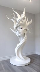 White, stylized female bust with flowing, organic forms  Intricate,  floral-like headpiece  Elegant, serene pose
