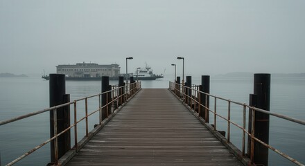 Obraz premium Tranquil wooden pier extends into a hazy harbor, showcasing a ferry and a building in the distance.